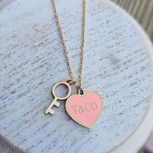 Pink Heart & Key Necklace (Stamped)